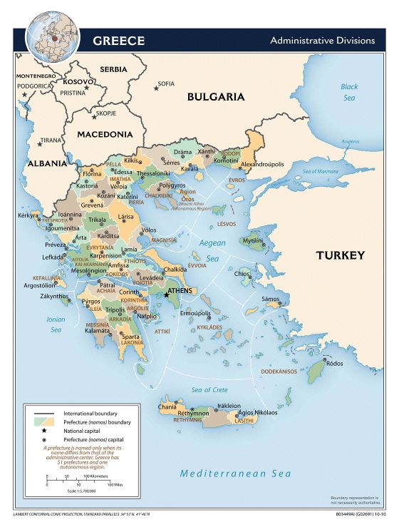 Large detailed administrative divisions map of Greece - 2010